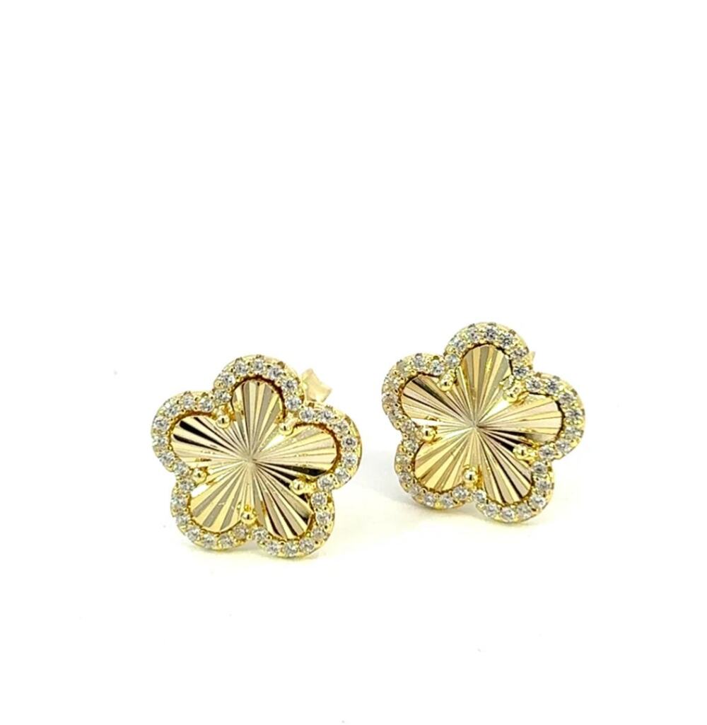 CZ Five Leaf  Stud Earrings Gold Plated Clover Earrings